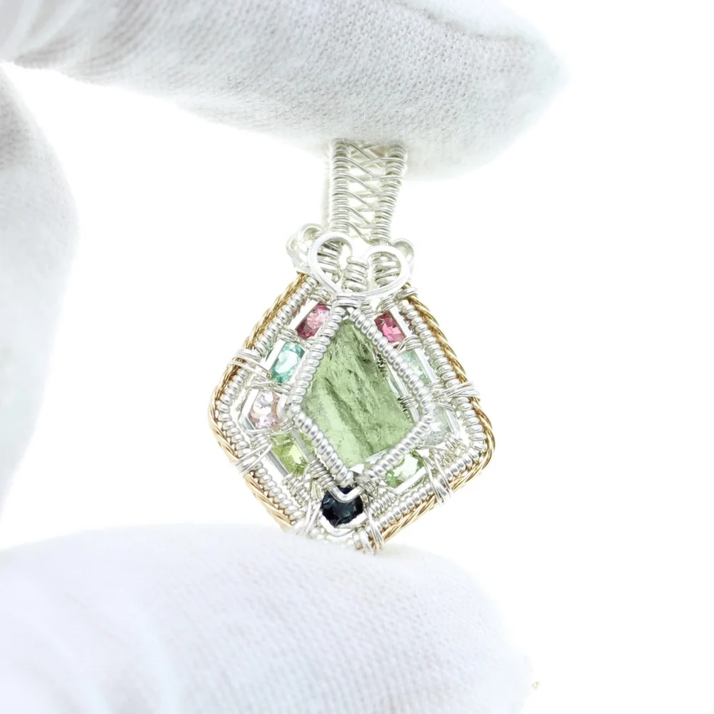 Handmade Moldavite & Tourmaline Pendant – Sterling Silver Crystal Necklace - Picture 1 of 10
